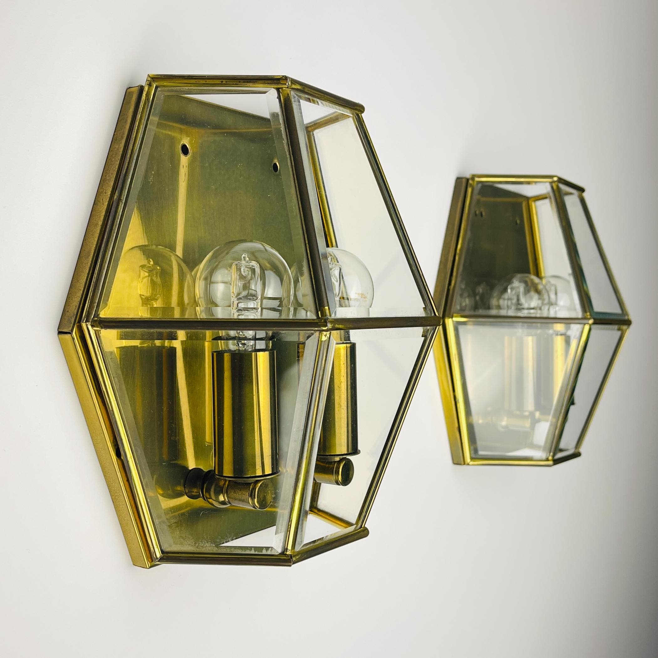 Hexagonal Gold Brass and Crystal Sconces, 1960s, Set of 2, Vintage home decor