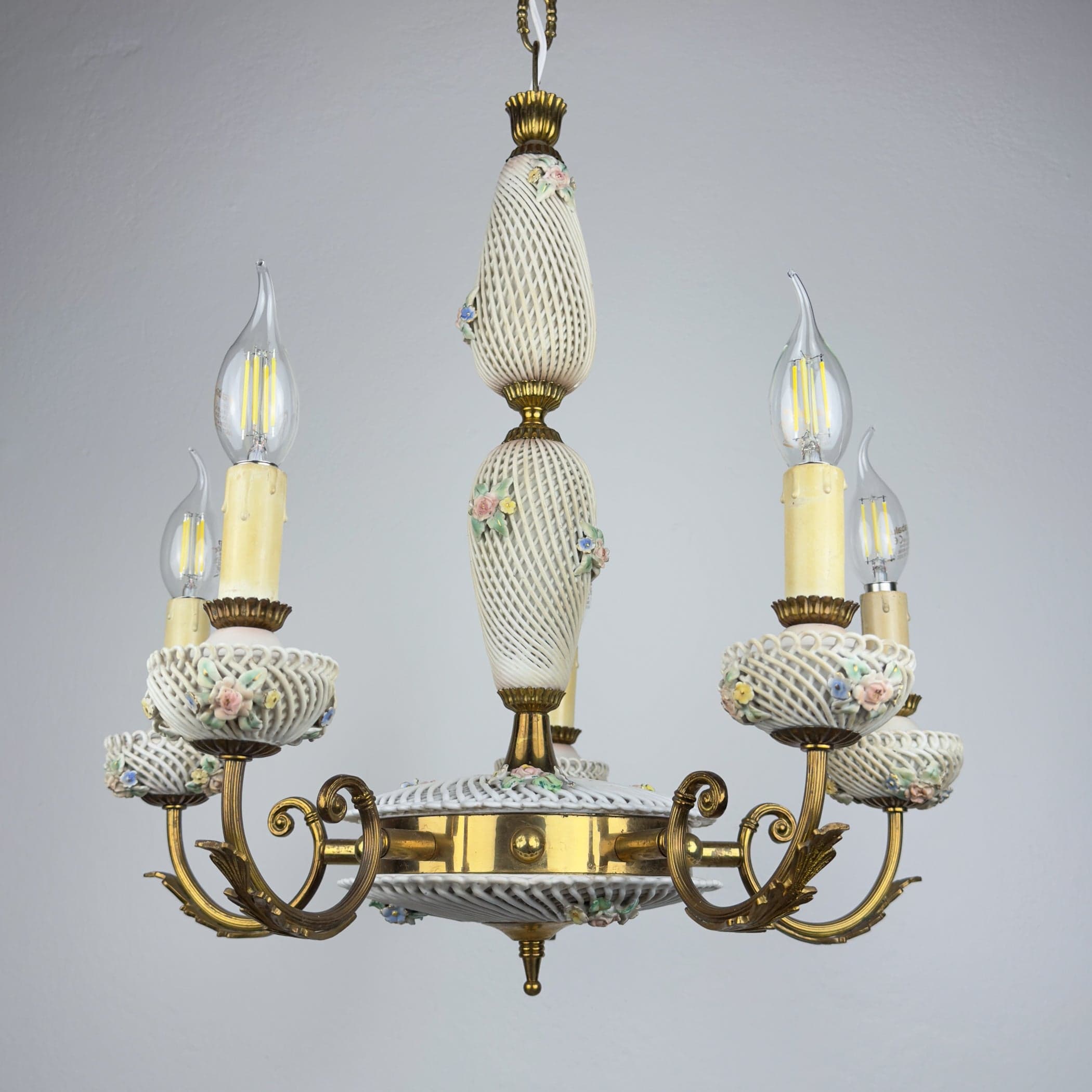 Vintage Art Nouveau Capodimonte Chandelier: Floral Porcelain Lamp, 1930s
