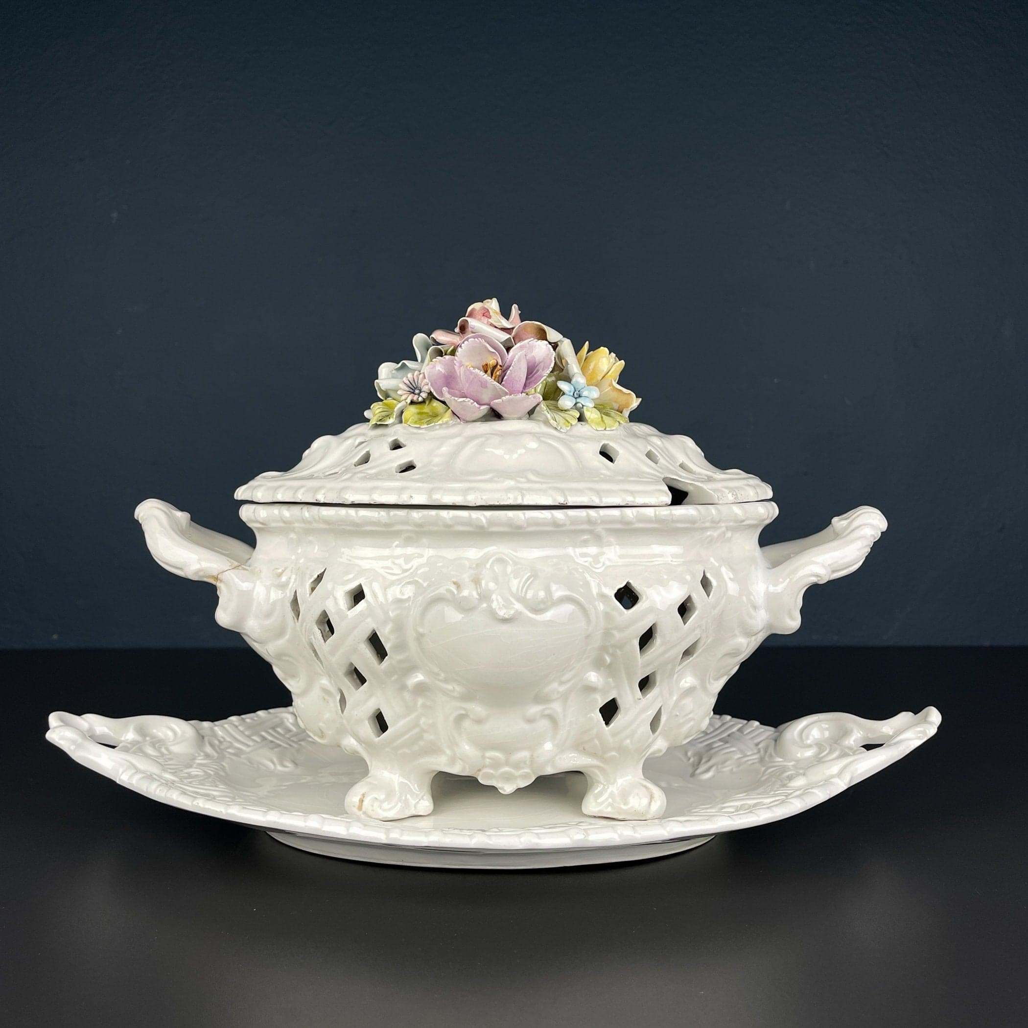 Vintage Bassano Italy Ceramic Tureen with Floral Lid, 1950s Decor