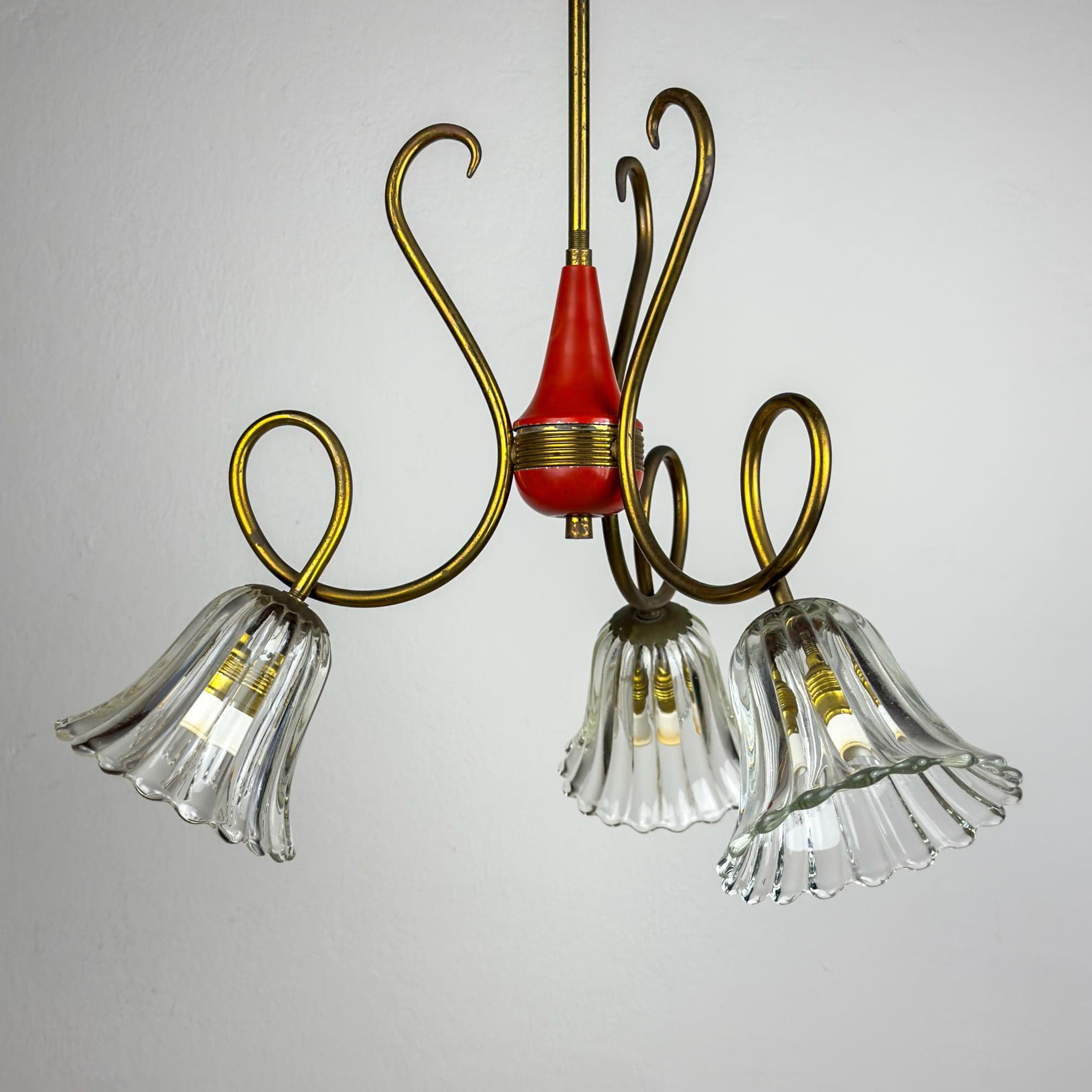 Vintage murano glass and brass chandelier, Italy 1950s