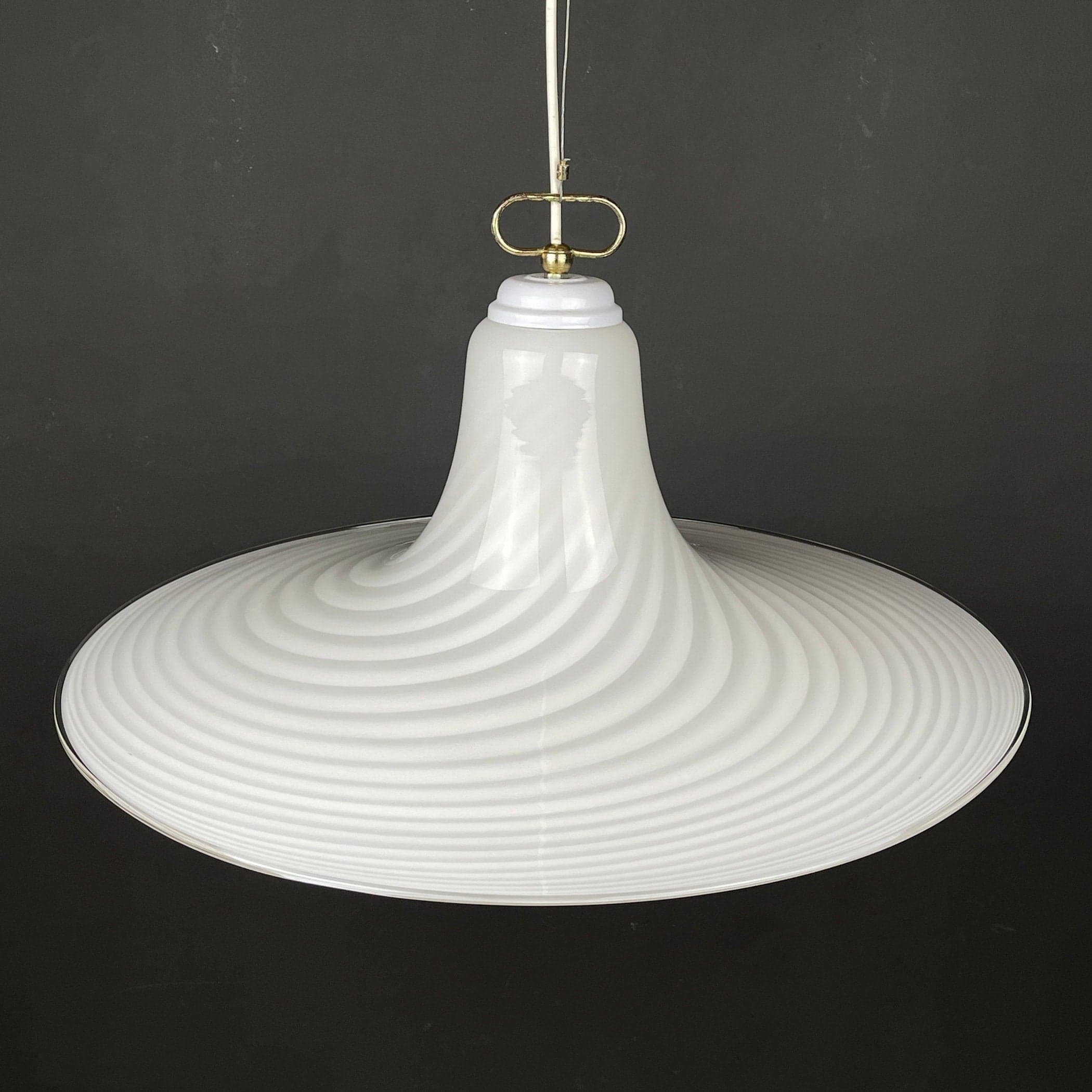 Vintage Murano Glass Pendant Lamp: Swirl White Mid-Century Lighting